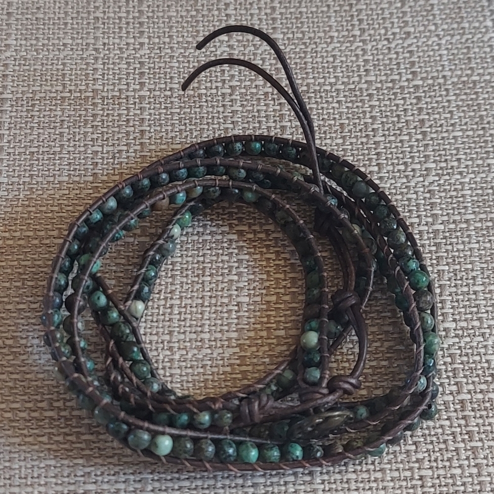 Handmade Green Clay Bead & Brown Leather Wrap Bracelet